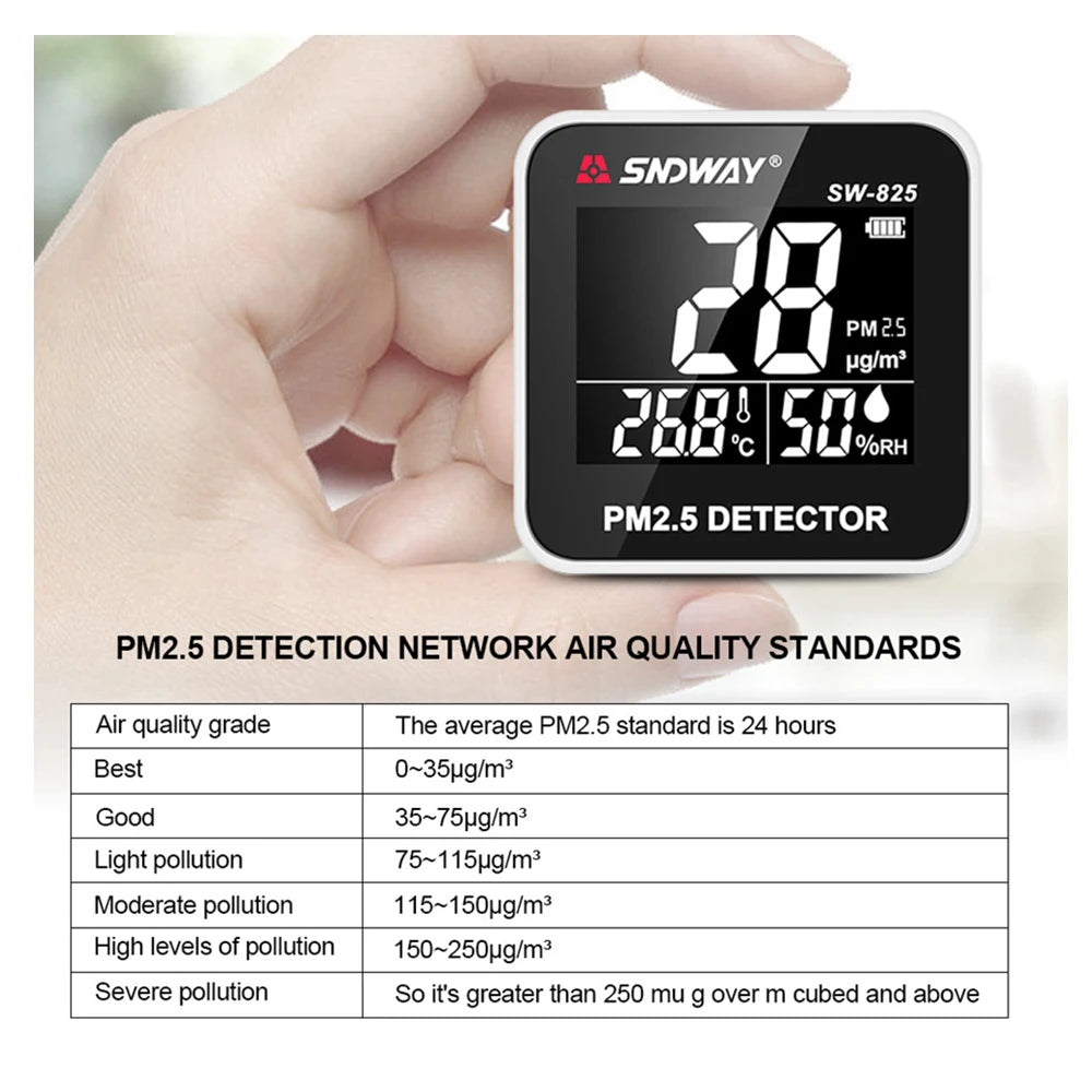SW-825 Digital PM2.5 Detector 0-500 ugm³ Mini Portable Temperature Humidity Meter Laser Sensor Air Quality Monitor SW-825 Digital PM2.5 Detector 0-500 ugm³ Mini Portable Temperature Humidity Meter Laser Sensor Air Quality Monitor